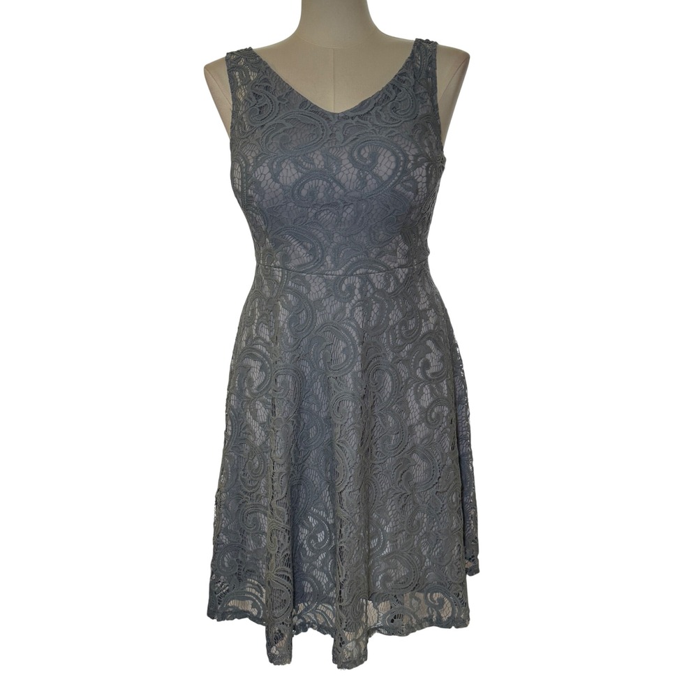 Dressystar Womens Slate Grey Floral Lace Sleeveless Fit & Flare Cocktail Dress L